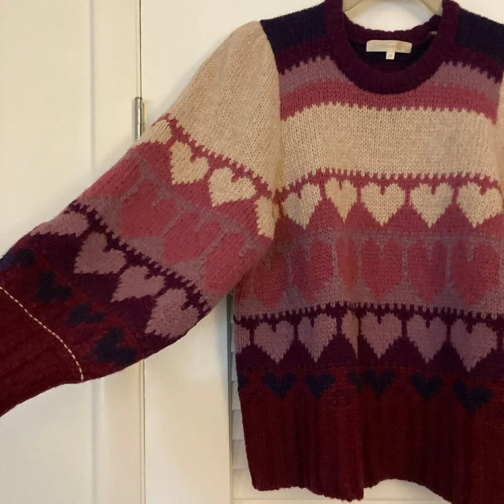 LoveShackFancy Prune/Multicolor Shirelle Heart Balloon-Sleeve Pullover Sweater - Picture 6 of 12